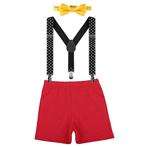 Cake Smash Outfit Baby Boys 1st 2nd Birthday Bloomers Diaper Cover Bow Tie Y back Suspenders Pants Boxer Shorts Tuxedo Clothes 3Pcs Set for Photo Shoot Prop Party Red Black Polka Dot 12 18M