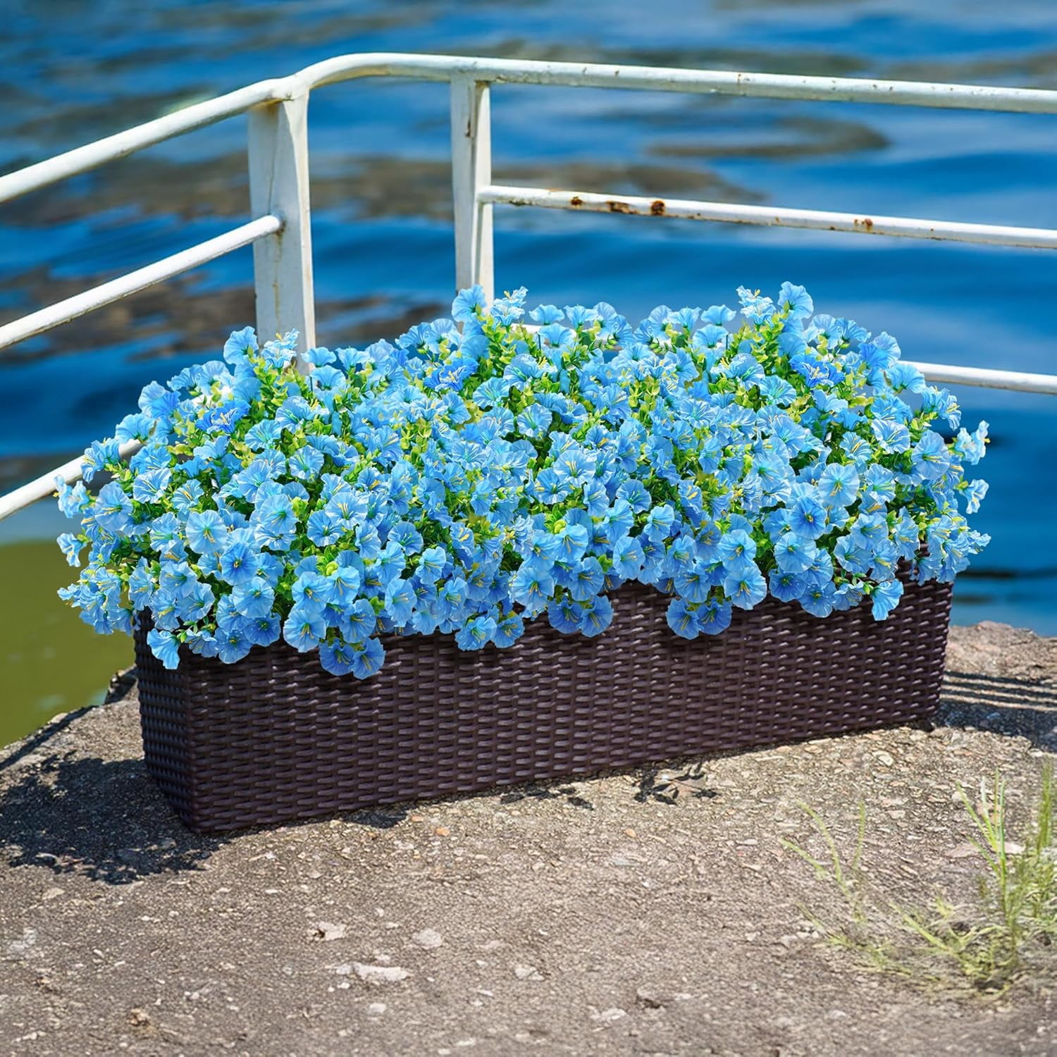 Artificial Fake Outdoor Plants Flowers for Summer Decoration, 12 Bundles Silk Blue Morning Glory Eucalyptus Realistic UV Resistant Faux Flowers for Outside Planter Front Door Porch Garden Yard Patio