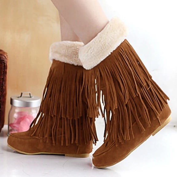 Wavsuf Winter Boots for Women Wide Flock Fringes with Fuzz Round Toe Mid Calf Flat Yellow Shoes Size 36