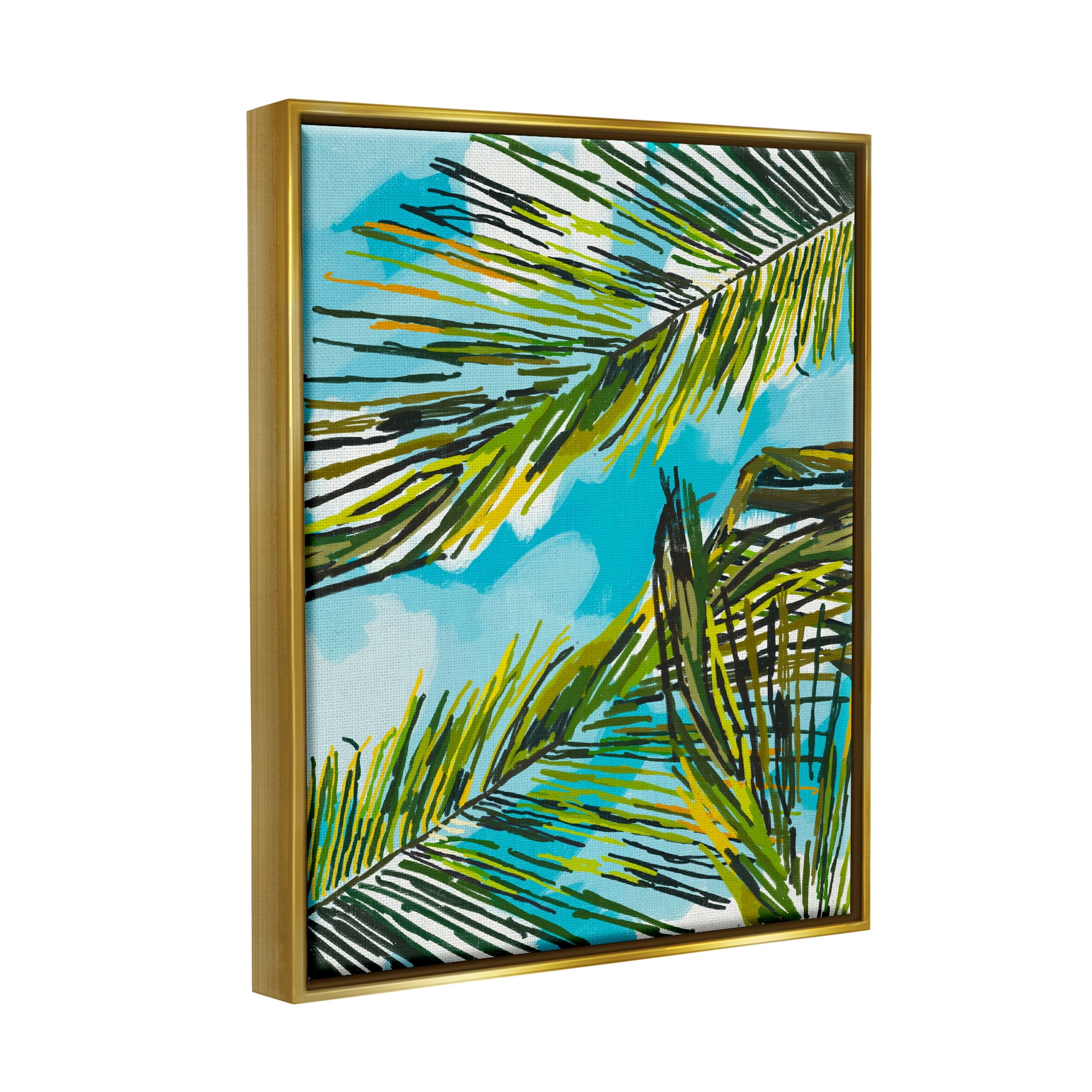 Stupell Industries Palm Leaves Blue Sky Botanical & Floral Painting Gold Floater Framed Art Print Wall Art, 17 x 21