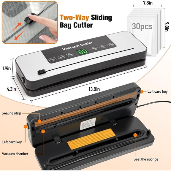 Vacuum Sealer Machine for Food with 30 Storage Bags, Built-in Cutter, 6-in-1 Automatic Sealing Machine for Seal a Meal, Wet & Dry Food Prep, Compact Heat Sealer for Freezer Preservation