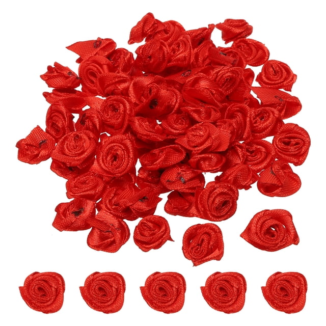 Unique Bargains Mini Satin Ribbon Roses Tiny Fabric Flowers Embellishments Rosettes Applique Red 50 Pcs