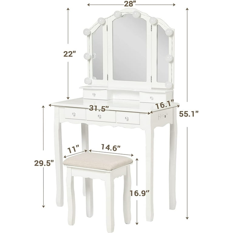 Tiptiper Vanity Desk with Lighted Mirror in 3 Colors, White Vanity