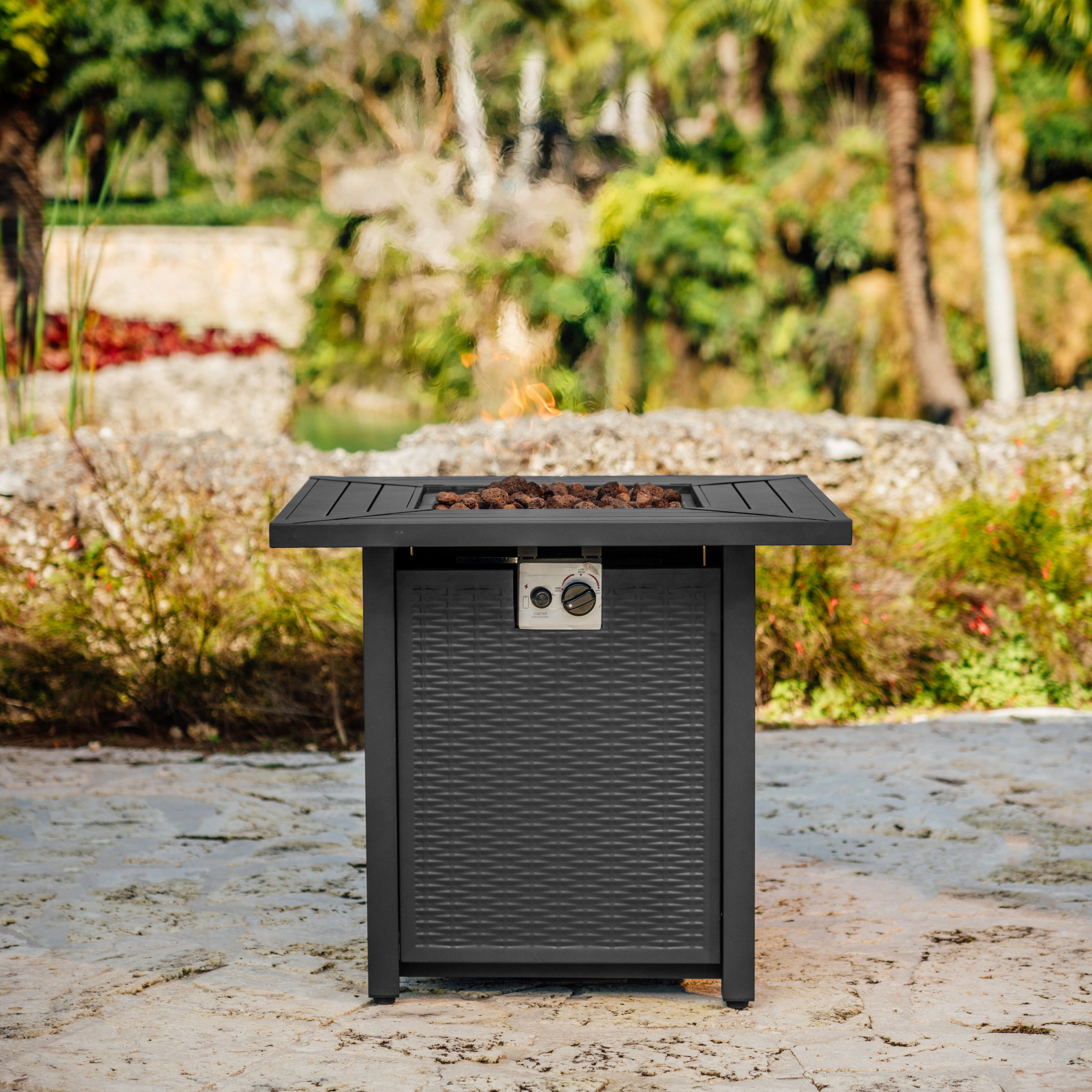 Hearth & HArbors 28” Propane Fire Pit Table for Outside with Lava Rocks, Weatherproof Protective Cover and Electronic Ignition, Gray