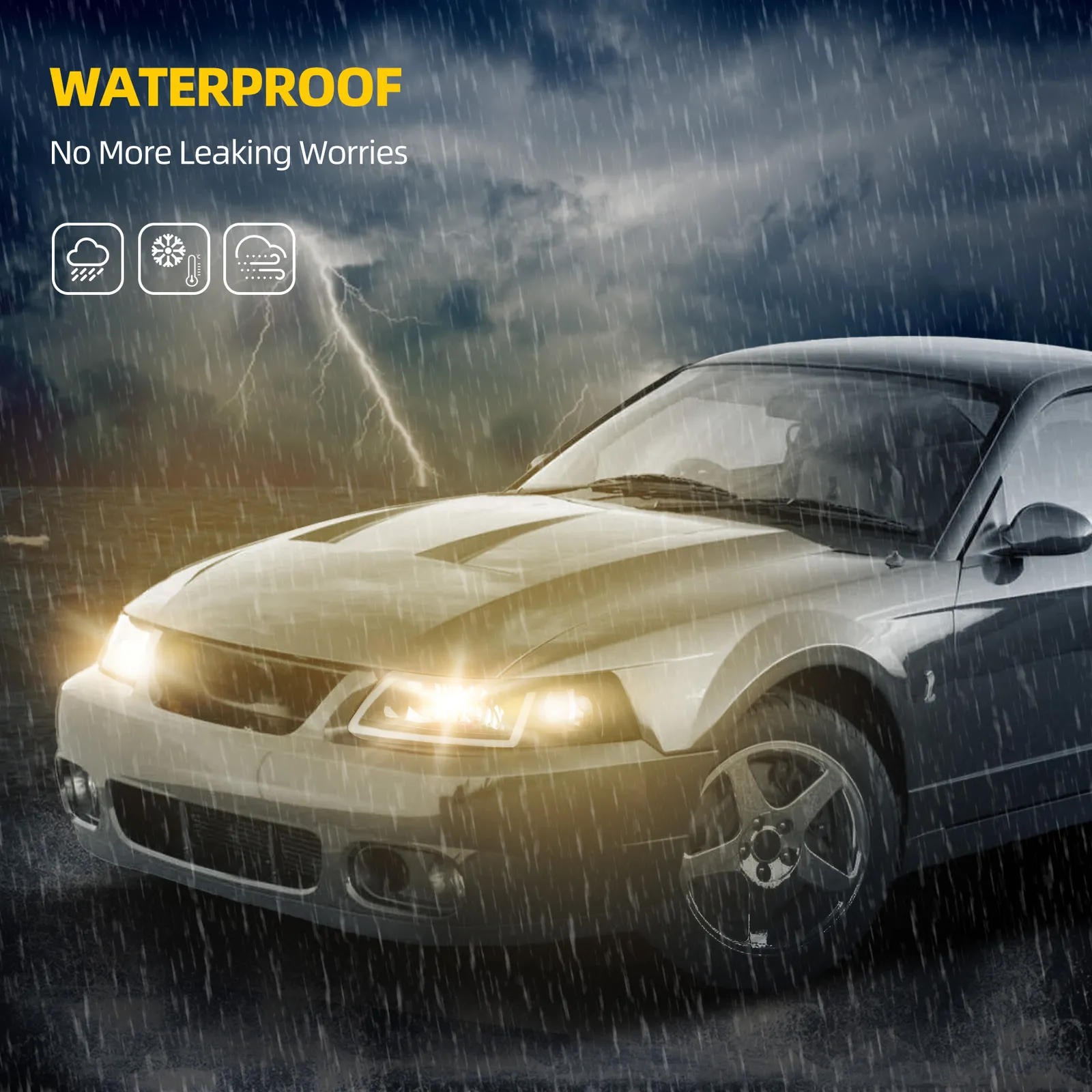 RVNI For 1999-2004 Ford Mustang GT SVT Cobra LED DRL Black Headlights Headamps Pair Set