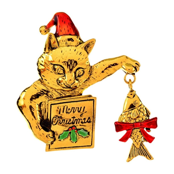 Broche navideño con forma de gato para pesca, joyería decorativa, regalo, ropa de metal, solapa de gato Oro