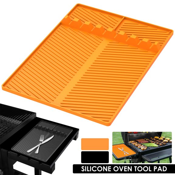 Jetcloudlive Grill Side Shelf Mat Silicone Griddle Tool Mat with 8 Slot Anti-Slip Grill Holder Pad Heat-Resistant BBQ Utensil Mat Kitchen Countertop Spatula Mat for Grilling