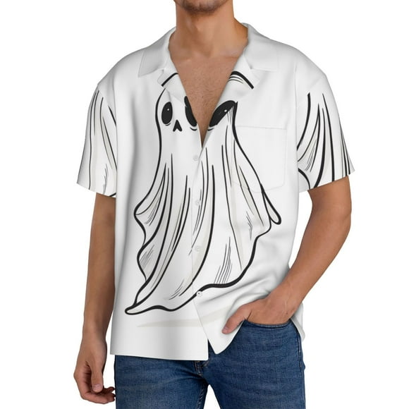 Saiise Chemise Décontractée à Carreaux pour Homme avec Imprimé de Dessin Simple de Fantôme Mignon, Chemise Habillée à Manches Courtes avec Poche, Idéale pour le Travail Ou le Quotidien-Petit