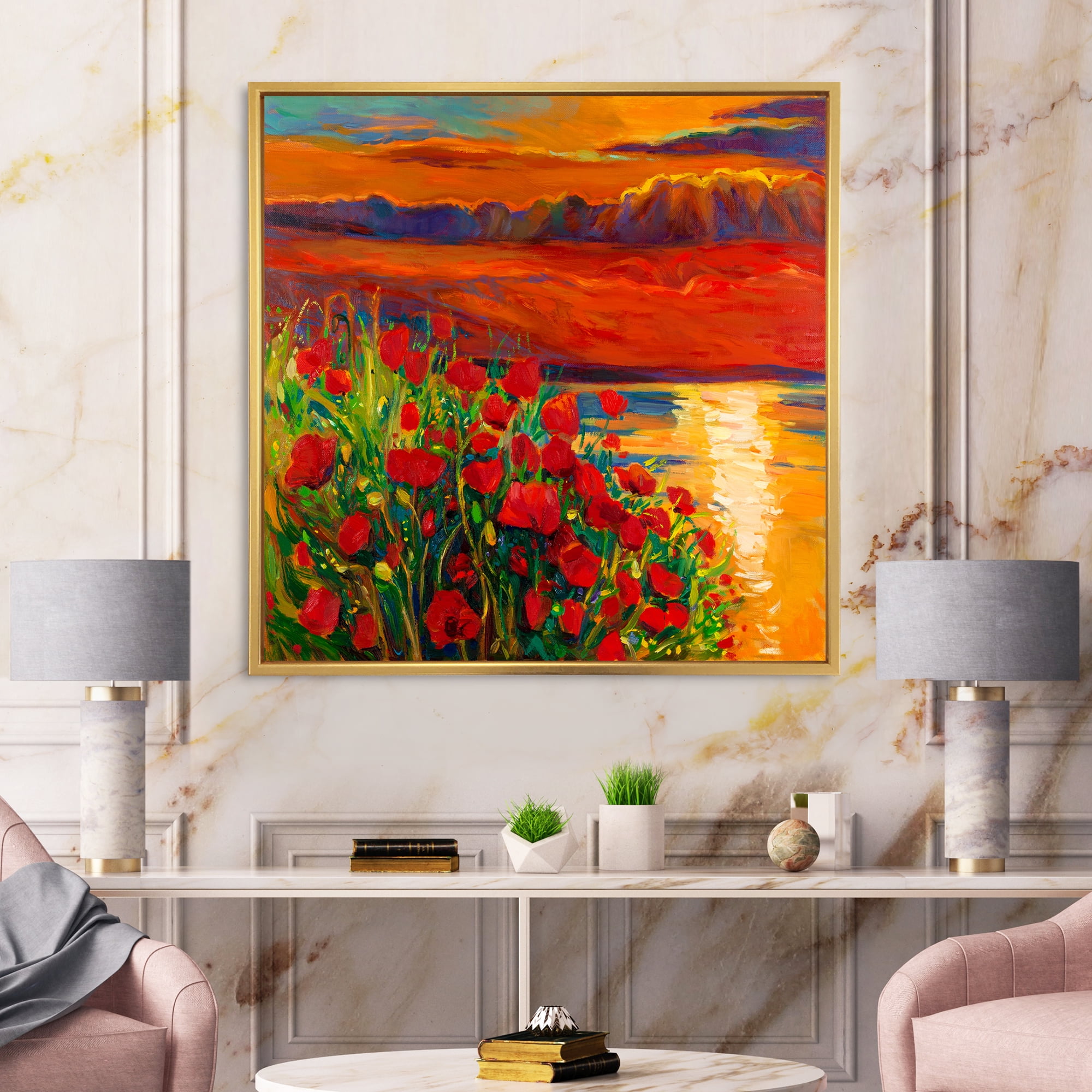Red Poppies By The Ocean During Evening Glow 16 in x 16 in Framed Painting Canvas Art Print, by Designart
