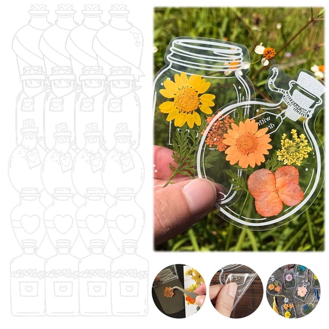 Paquete de pegatinas transparentes para PET para decoración de botellas - Diseño de cuenta con flores secas a mano, pegatinas de botella de vidrio con respaldo adhesivo, gran arte de collage