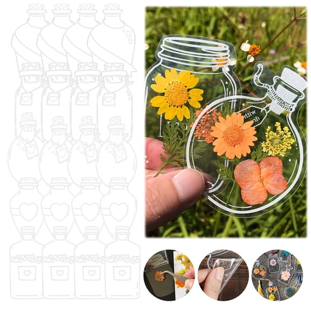 Paquete de pegatinas transparentes para PET para decoración de botellas - Diseño de cuenta con flores secas a mano, pegatinas de botella de vidrio con respaldo adhesivo, gran arte de collage