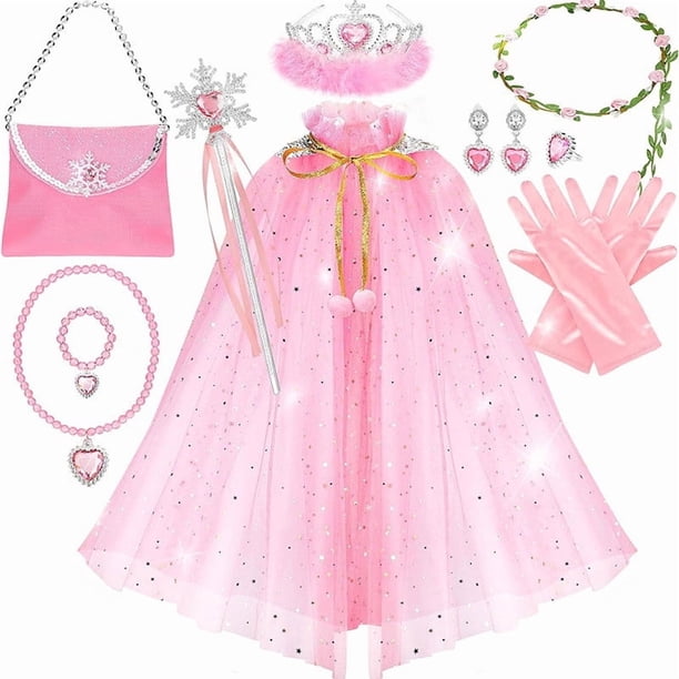 Juego de 12 Pzas Princess Cape, Princess Disfraz Cloak con Corona, Varita, Joyería y Bolsa