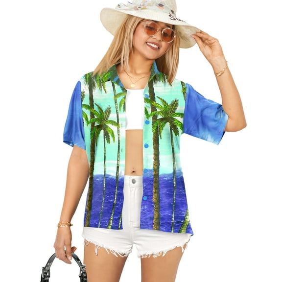 LA LEELA Button Down Shirt for Women Casual Summer Beach Party Blouse Shirt Hawaiian TShirts Short Sleeve Dress Shirts Tops Blouses for Women M Tall Branch, Bright Blue