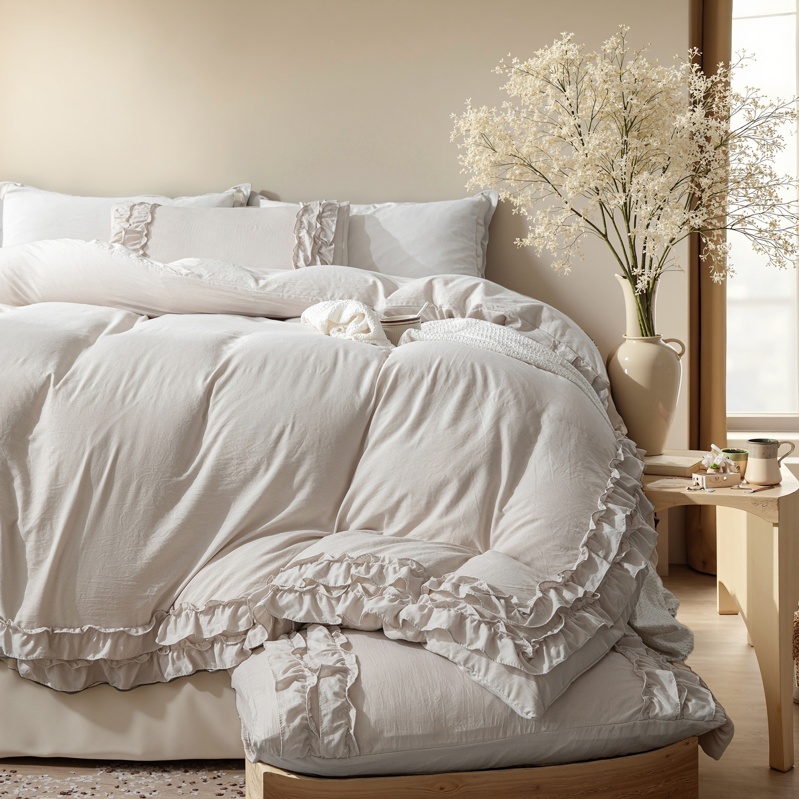 Boho Ruffled Comforter Set Super Soft Cozy Bedding Set with Pillowcases Elegant Chic Bedroom Decor Rustic Farmhouse Quilt Comforter 3 Pcs Set