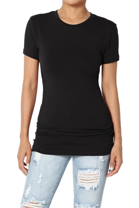 Women's Essential Round Crew Neck Short Sleeve T-Shirts Stretch Cotton Spandex Tee Black L