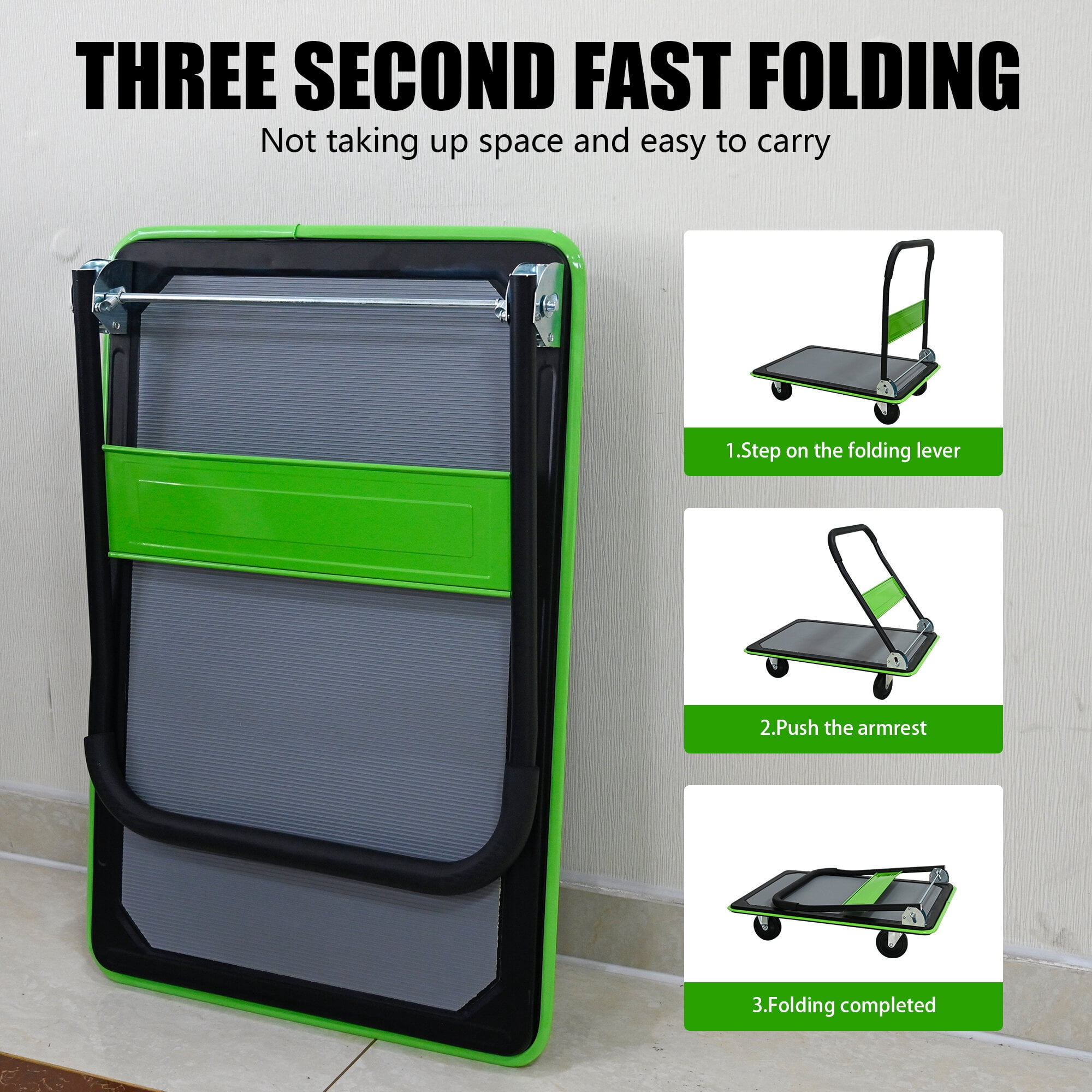 Dolly, Flatbed Cart, 660lbs Heavy Duty Capacity Platform Hand Truck 360 Degree Swivel Wheels Foldable Push Hand Cart for Loading and Storage, Warehouse-Green, Green Hand Truck,Steel Furniture Dolly