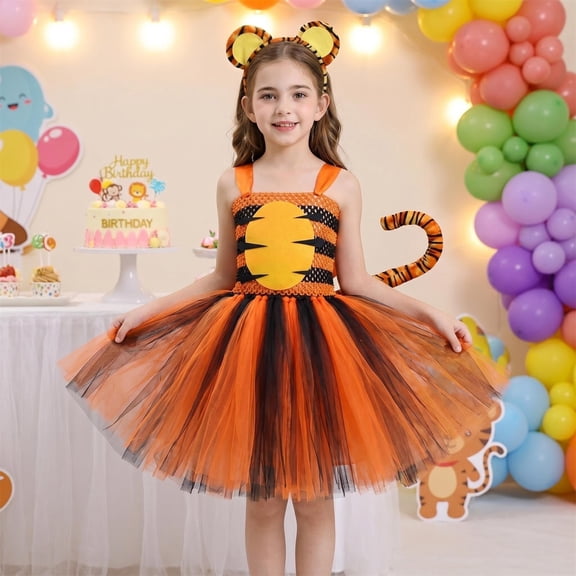 LPKRT Girls 3 Piece Dress Outfits Color Block Tutu Dress With Tiger Ear Headband And Tail Celebration Party Clothing Sets Orange 4-5 Years