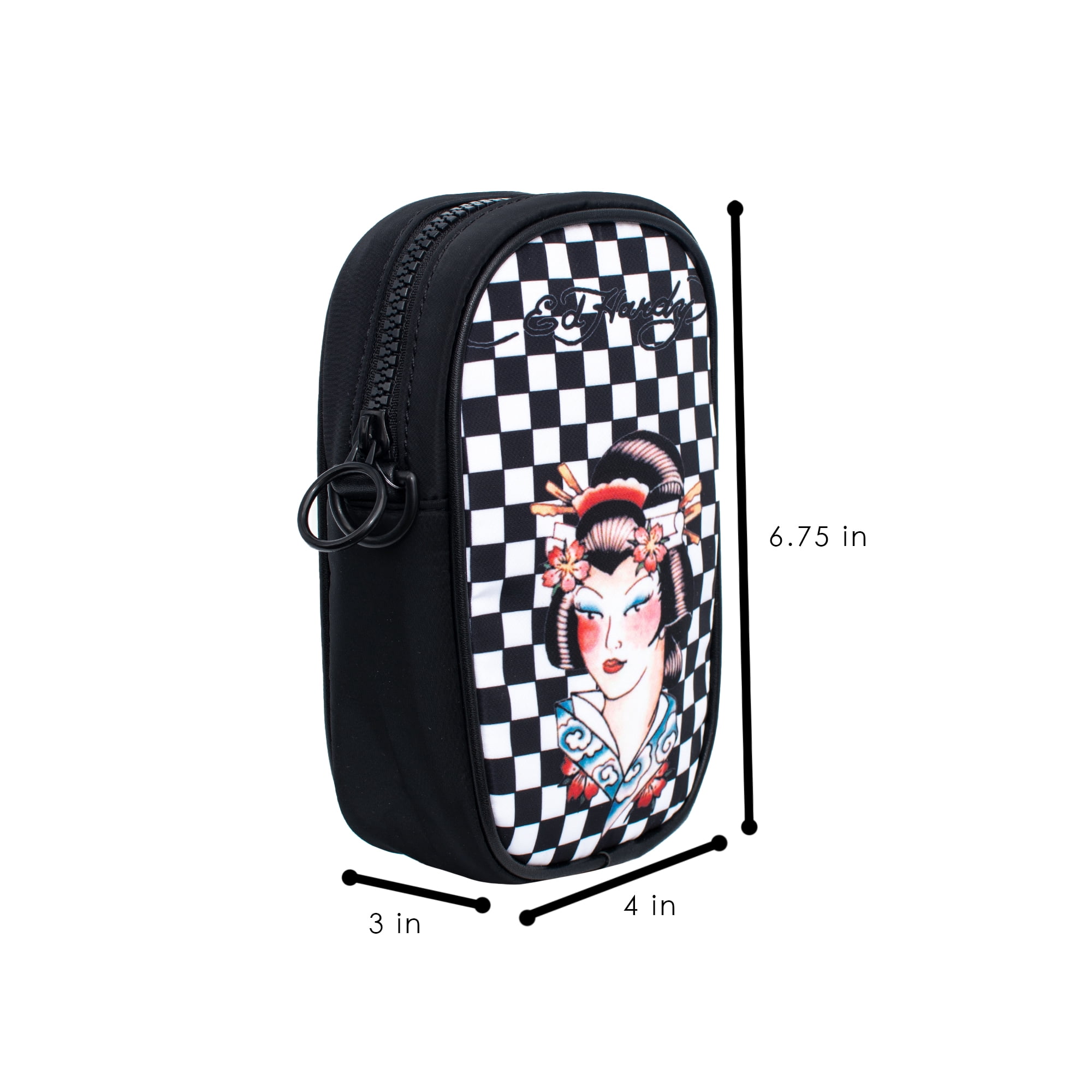 Ed Hardy Unisex Nylon Black Geisha Print Phone Crossbody Everyday Bag withAdjustable Strap