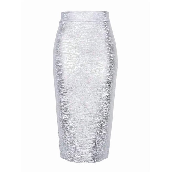 Silver High-Waisted Slim-Fit Mid-Length Pencil Skirt With Metallic Sheen