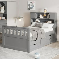 Harper & Bright Designs Twin Size Captain Platform Bed Frame with Storage Bookcase Headboard and 4 Drawers, Twin Wood Storage Bedframe for Bedroom, Gray