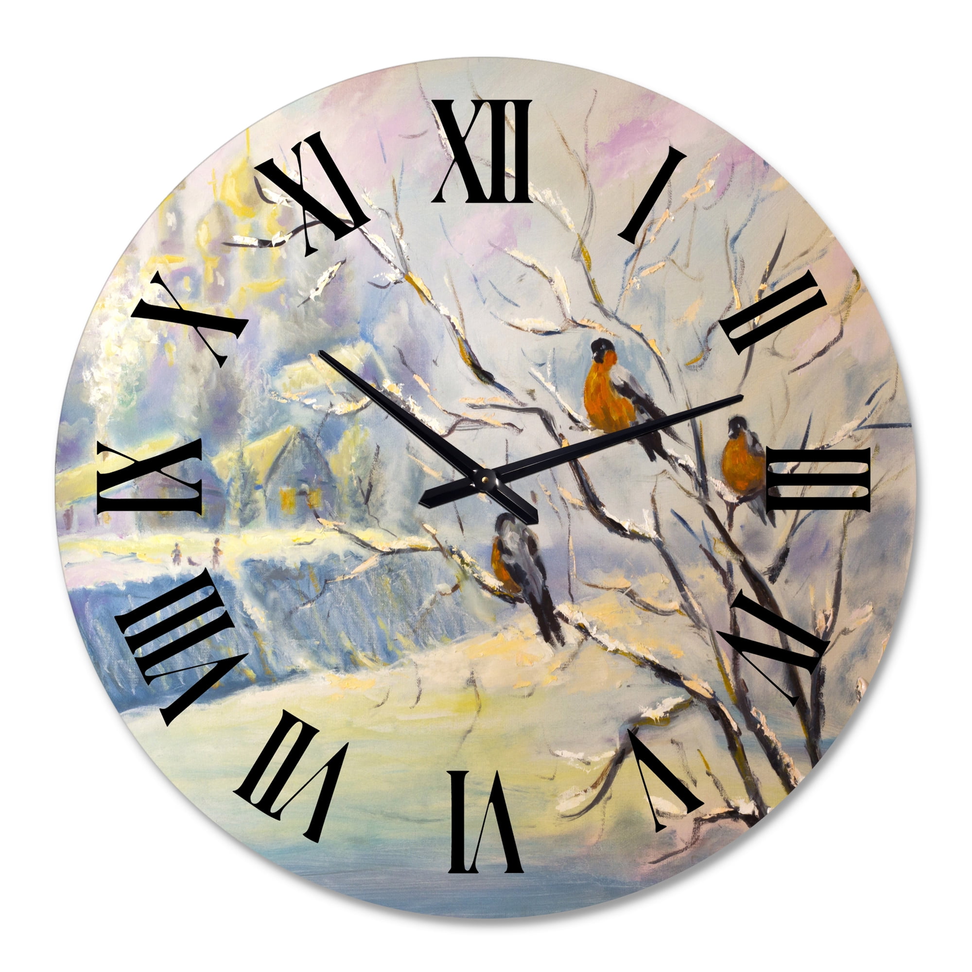 Designart 'Rustic Birds On A Tree In Winter Village' Farmhouse Wall Clock