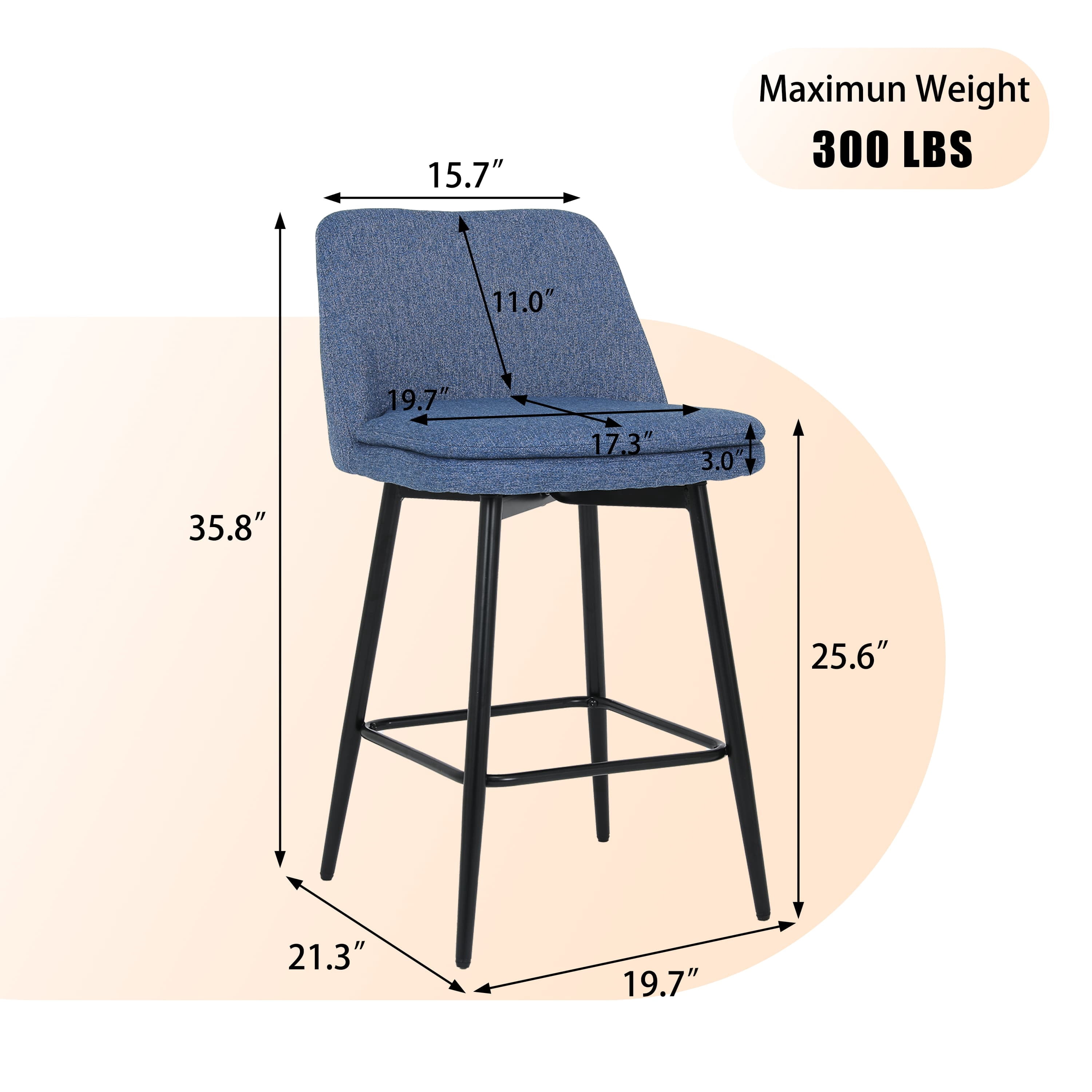 MAYEERTY Counter Height Swivel Bar Stools Set of 2 360° Swivel Upholstered 25.6 Seat Height Linen Cloth Blue Linen Kitchen Island Pub