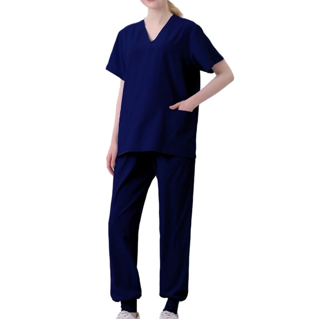 Pisexur Women's Scrub Set Solid Color Stretch Medical Uniform Scrub Set V Neck Short Sleeve Work Top Cargo Tapered Jogger Pants With Pockets