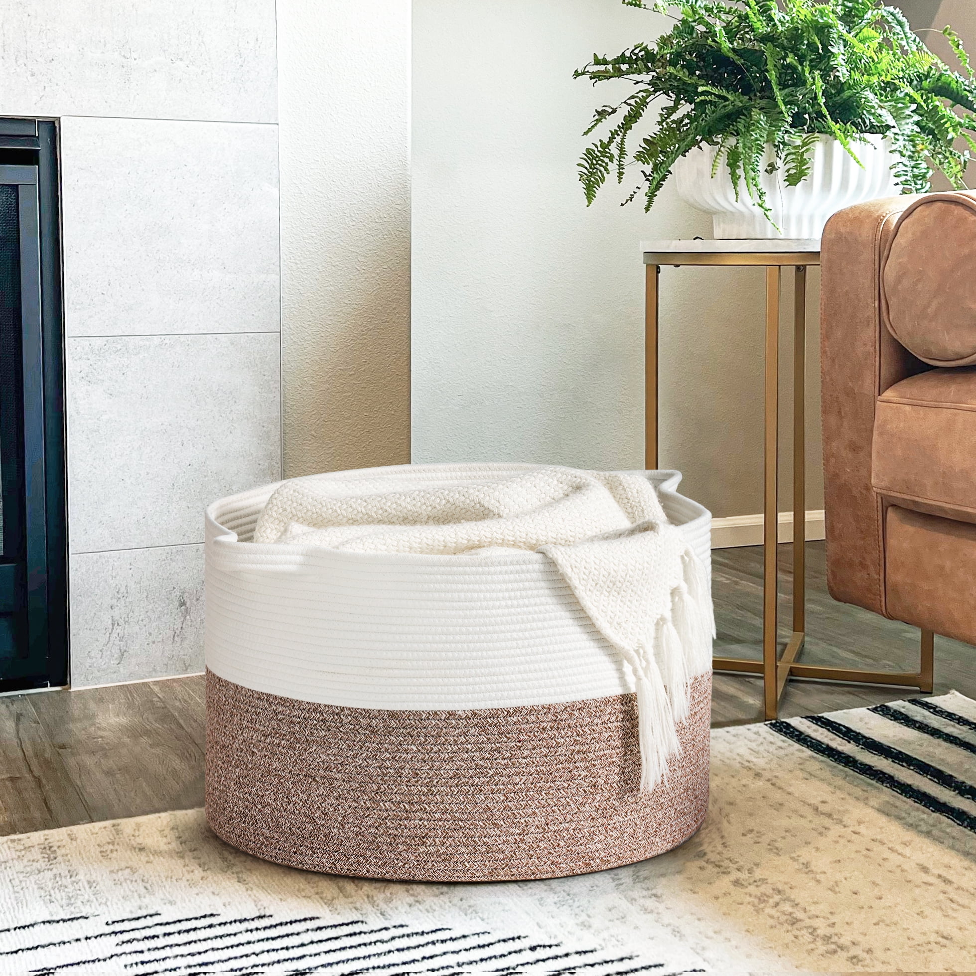 Timeyard Large Woven Laundry Hamper Basket - Decorative Storage Organizer for Living Room, Holds Toys Pillows Blankets Clothes - 21.7" x 21.7" x 13.8"-Brown