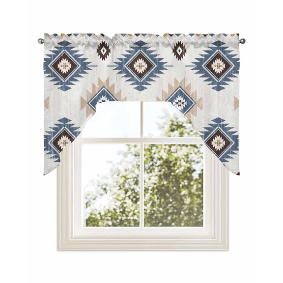 Blue Aztec Kitchen Curtains Swag Valance for Windows/Bathroom/Cafe, Southwest Boho Tribe Abstract Geometric Art Rod Pocket Drape Panel Swag Curtains Valance for Bedroom/Living Room 56"x36"