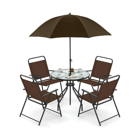 GVN Garden Dining Sets,Patio Table Sets,6 Pieces Patio Dining Set Folding Chairs Glass Table Tilt Umbrella for Garden-Coffee