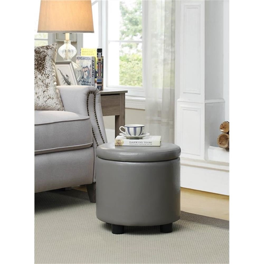 Designs4Comfort Round Accent Storage Ottoman with Reversible Tray Lid, Taupe Gray Faux Leather