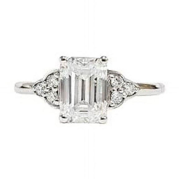 HeartsAndYou Petite Round Accents Solitaire Ring 1ct Emerald Cut Moissanite 18k White Gold Over Silver