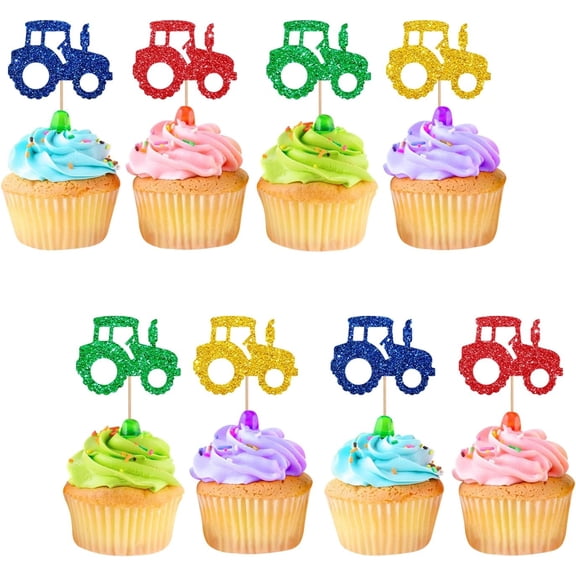 12pcs Tractor Cupcake Toppers, Farm Party Cupcake Toppers, Green Glitter Farm Tractor Cupcake Picks for Baby Shower, Truck Car Themed Birthday Party Supplies