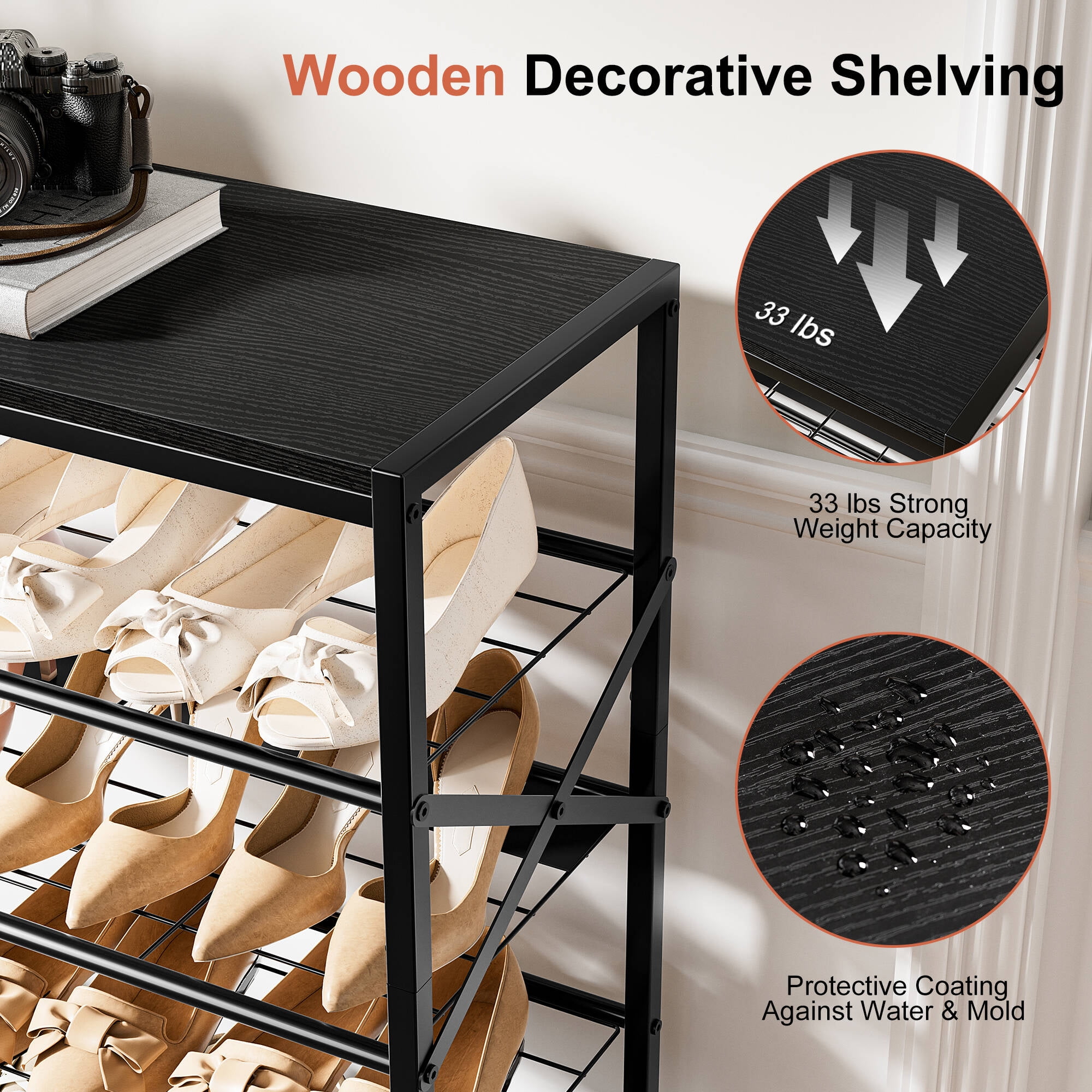 BGTREND 8-Tier Metal Shoe Rack Organizer with Wooden Top, 24-32 Pairs Shoe Storage Shelf for Entryway Hallway (52.56” Tall, Black)
