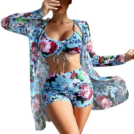 2DXuixsh Swimsuit for Plus Size Women Two Piece Women 3 Piece Bikini Set Swimsuit Long Sleeve Push Up Swimwear Beach Cardigan Wear Bathing Suit Halter Swimsuits for Women with Shorts Blue L