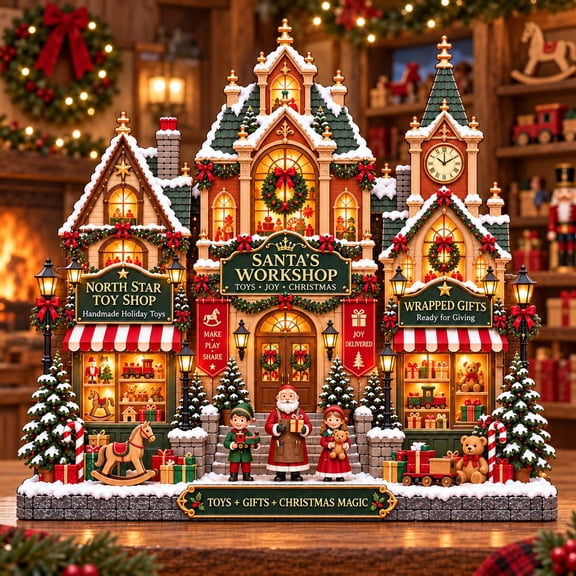 Christmas Village Wooden Block, Santa's Workshop 3-Layer Tabletop Display, Holiday Gift