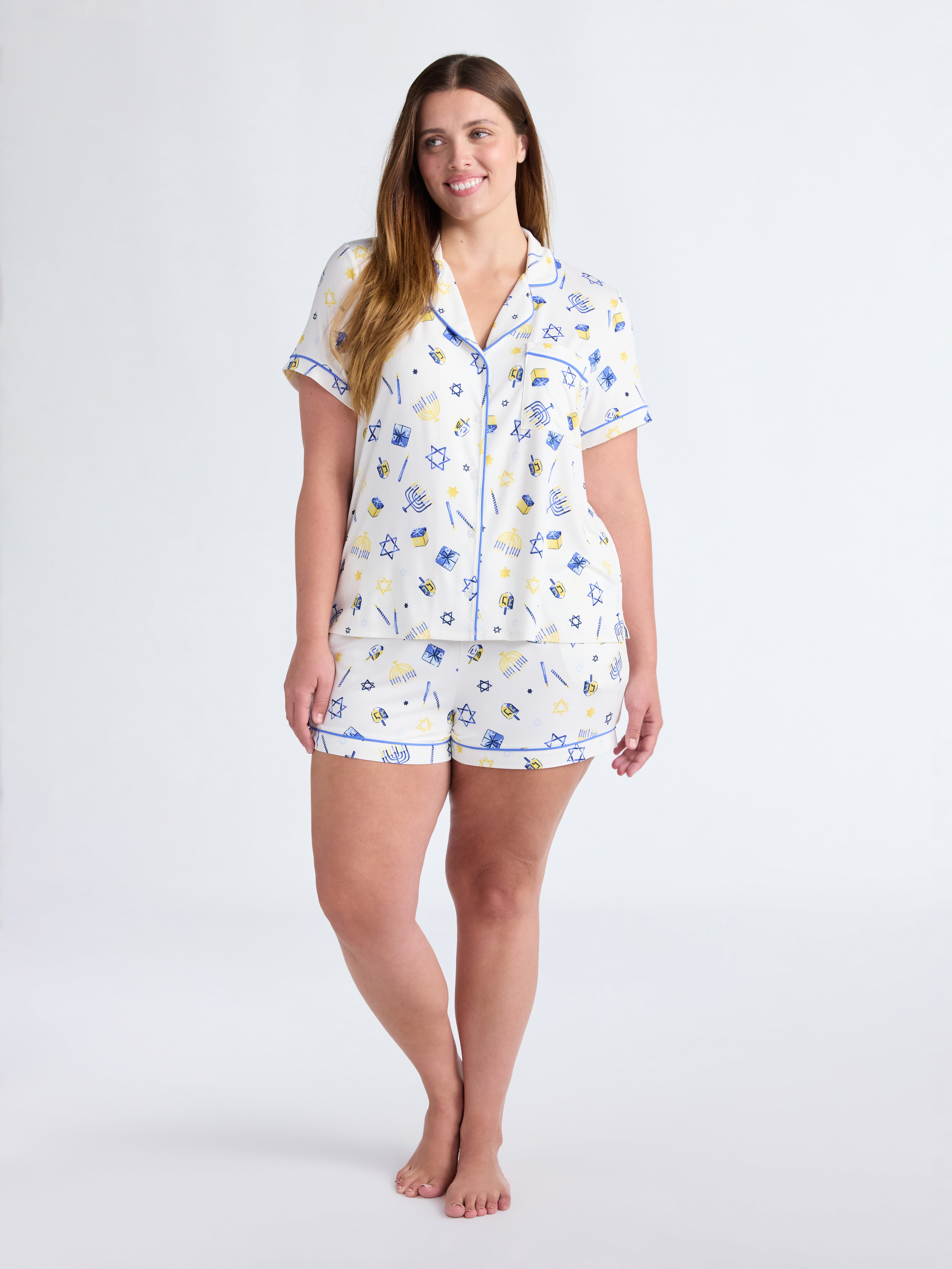 Joyspun Women’s Dreamy Soft Collection Hanukkah Notch Collar Knit Top and Boxer Shorts Pajama Set, Sizes XS-3X