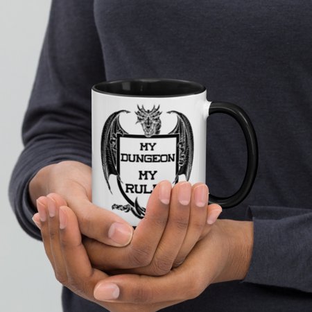 White Ceramic Colored Mug-My Dungeon My Rules-Dragon/Shield (Black, 11 oz)