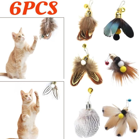 6 Pieces Cat Insect Feather Toys Replacement Cat Toy Wand Refills, Natural Insect Cat Toy Feathers Refill, Interactive Cat Teaser Wand Attachments, with Bell