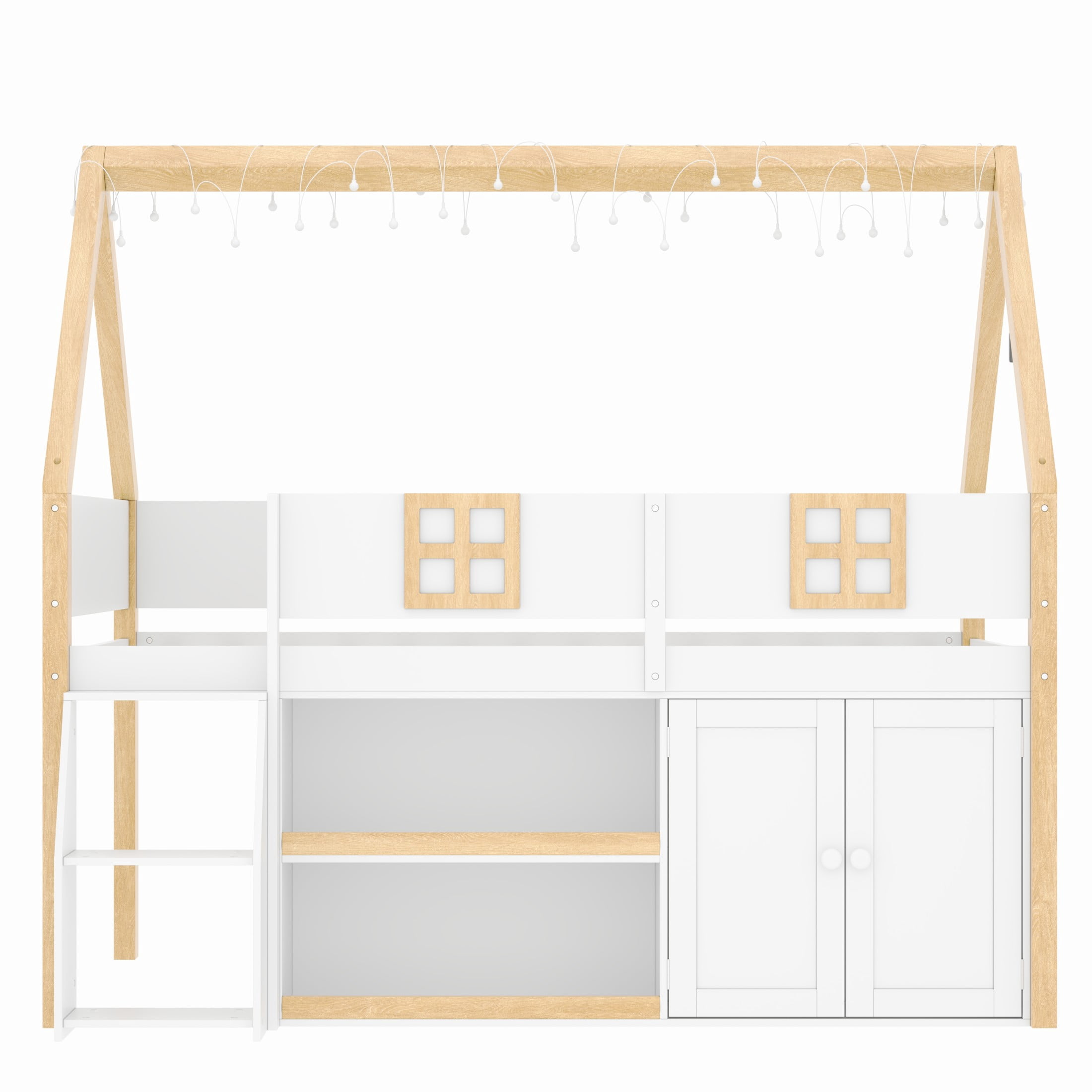 Noble House Harley Full Size Low Loft Bed with Storage Staircase and Cabinets, Wood House Bed, LED Lights, White