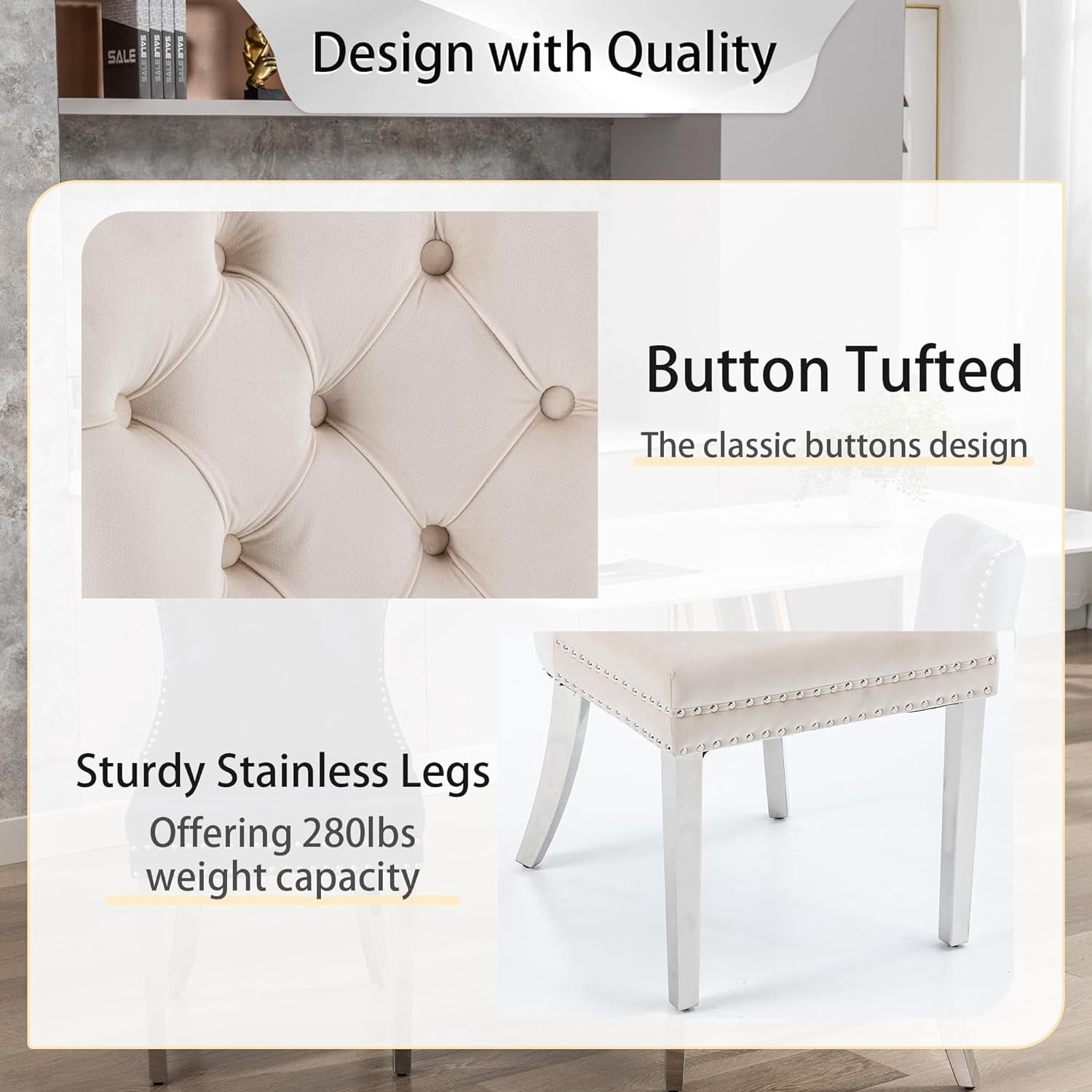 Westice Dining Room Chairs Set of 4, Button Tufted Velvet Chairs with Modern Stainless Steel Legs, Rivet Trim Metal Pull Ring Large Back for Kitchen Dining Room Restaurant, Beige