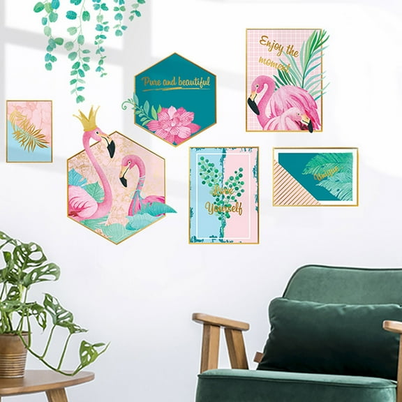 BalsaCircle 35" Pink Green Flamingo Frame Tropical Leaves Removable PVC Wall Stickers Decorations