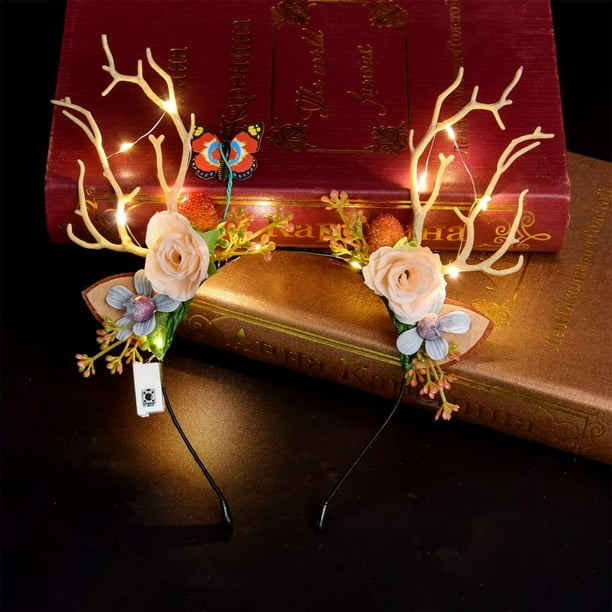 Diadema navideña de astas con luces LED y flores | Accesorio para disfraz de reno para mujeres y niñas | 1 diadema