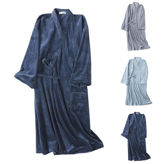 AINIYS Men's Fashion Robe Thick Warm Bathrobe, Solid Color Velour Sleepwear, Cozy Loose Pajamas for Home Use Light Blue XL