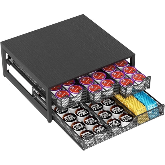 Coffee Pod Holder For Counter, 3 Pull-Out 72 K-Cup Holder Drawer, Wooden Cafe Pods Storage Organizer with Sliding Drawers for Coffee Station, Home, Kitchen, Office, Dorm, Black