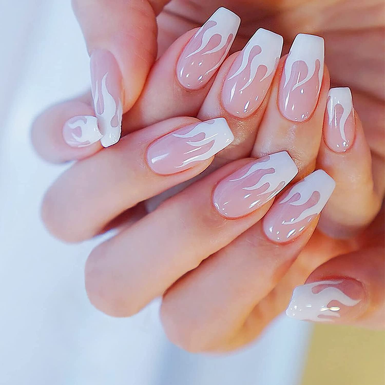 Extra Long Press on Nails,Glossy Ballets Coffin Gradient White Pink Fake  Nails with Cross Design,Acrylic Full Cover Gel Nails and Glue Kits,24 Pcs 