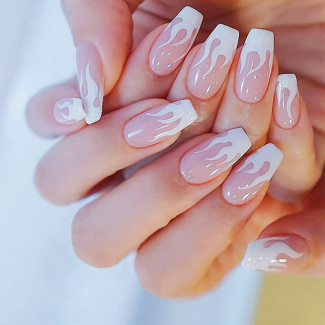 24 PCS Fake Nails,Side Glue Nail Sticker, Matte Press on Nails Acrylic False Coffin Nail, Solid Color Artificial Nail Salon Tips Manicur