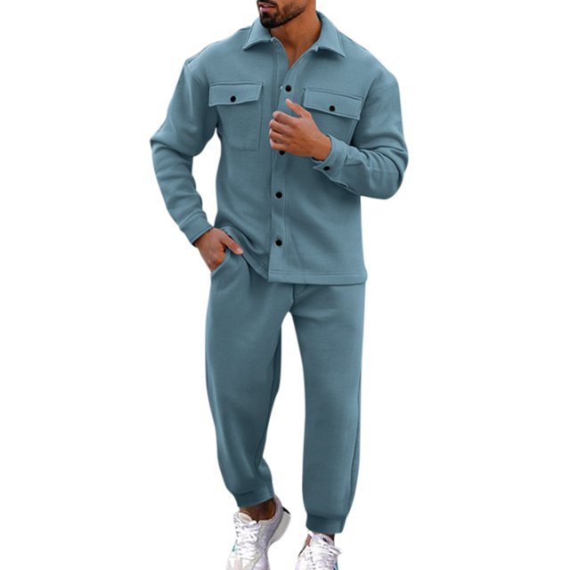Uinagy Men's Autumn and Winter Fashion Jacket Button Coat Pants Two-Piece Suit