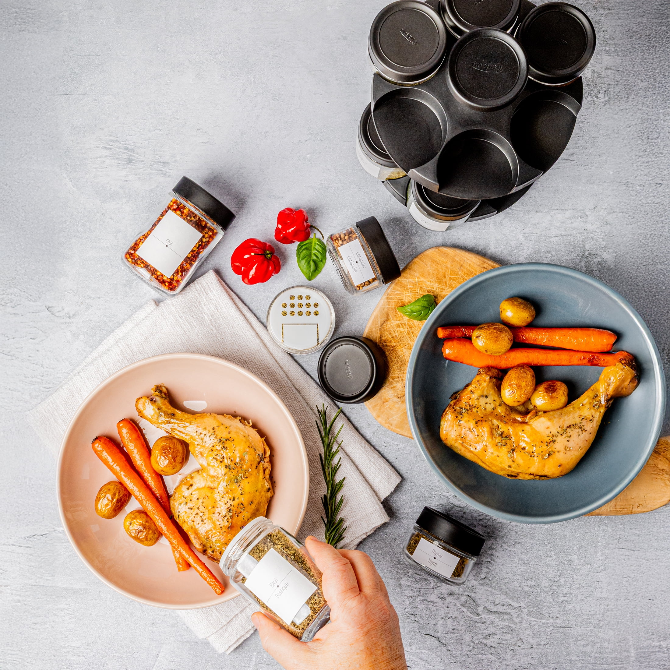 TRUDEAU™ STAK™ Rotating Seasoning Station, Spice Rack,  12 Glass Bottles, 12 Must-Have Spices Included