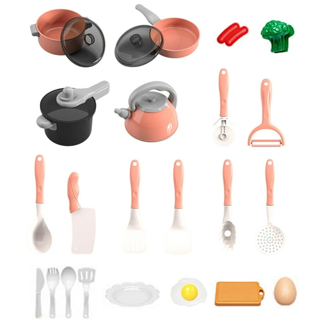 C 24Pc Kids Play Kitchen Set Pretend Cutting Toy With Realistic Safe Dishes Utensils Cookware Educational Toy For Toddlers Children Cooking Role Play Plastic Durable Fun